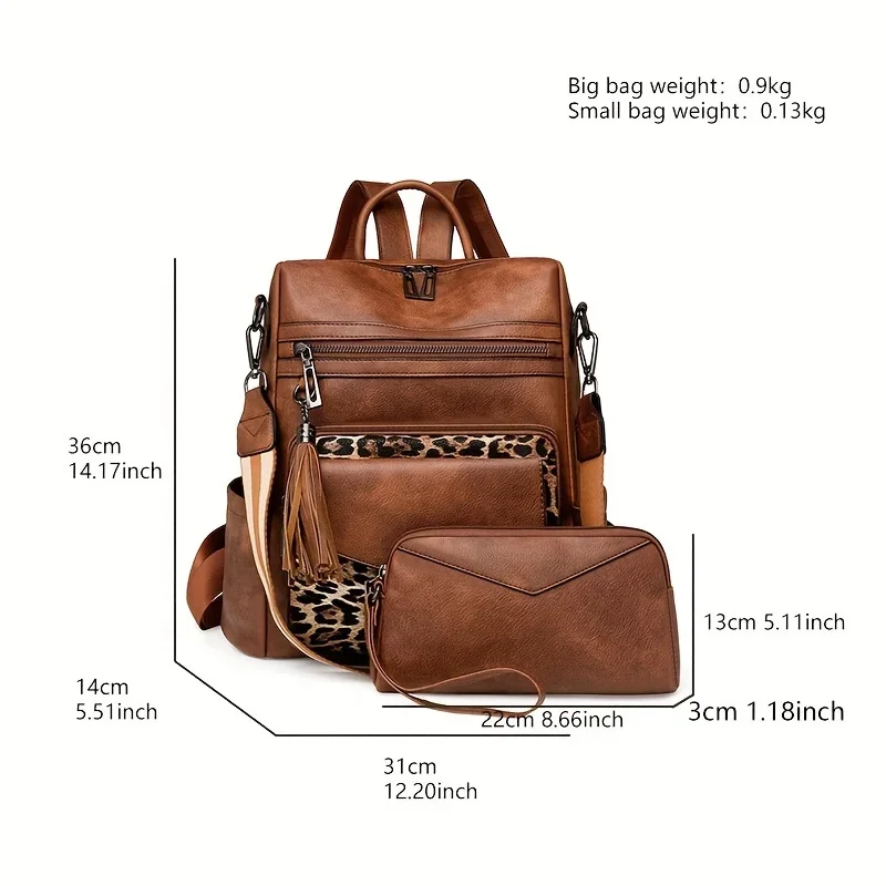 Two Pieces Vintage Women's Backpack with Clutch Large Capacity Leopard Block Design with Tassel Stain Resistant Leather Mochilas