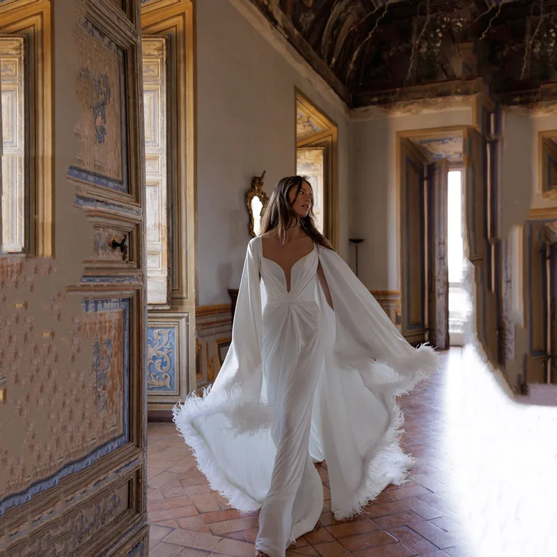 Morden Ivory Sheath Long Wedding Dress Simple Detachable Train Pleat Feathers Sexy Deep V Neck Backless Bridal Dresses 2026