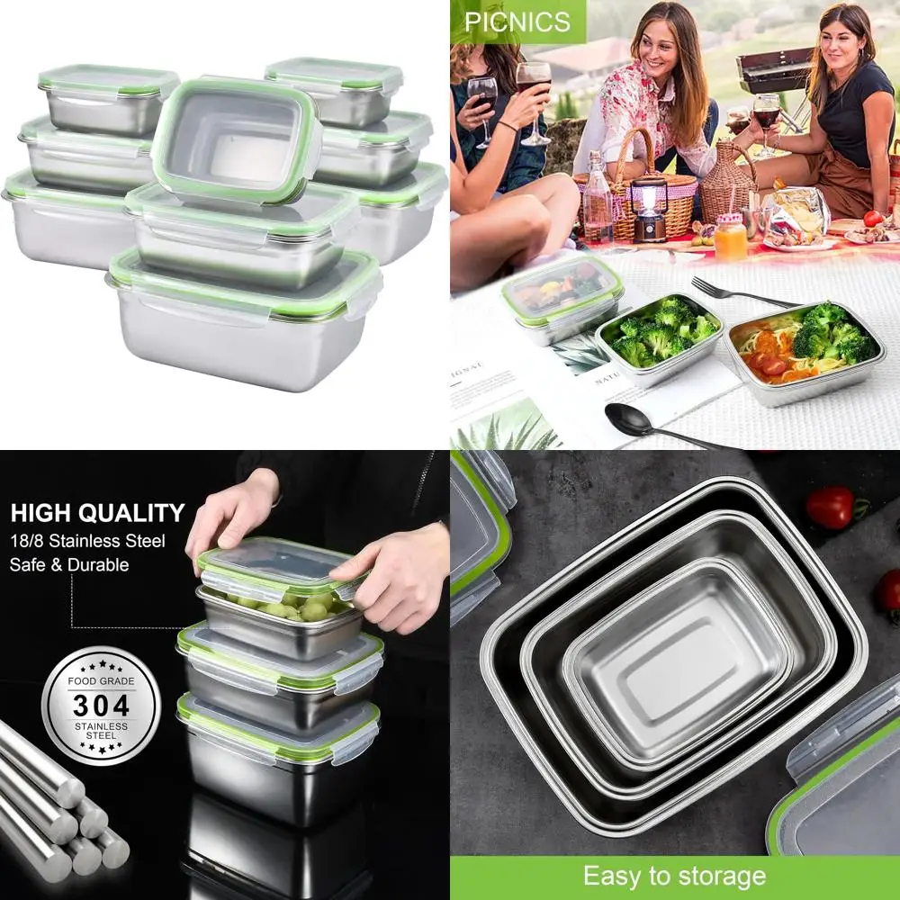 

Набор из 9 контейнеров из нержавеющей стали с герметичными и герметичными крышками, можно мыть в посудомоечной машине и морозильной камере.