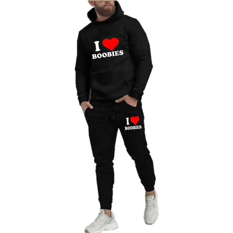 

Spring Autumn Men Casual 2PC Sets Print Sweatshirts Street Sports Suit Hoodie Tops Slim pants Fashion Trendy Outfits I Love