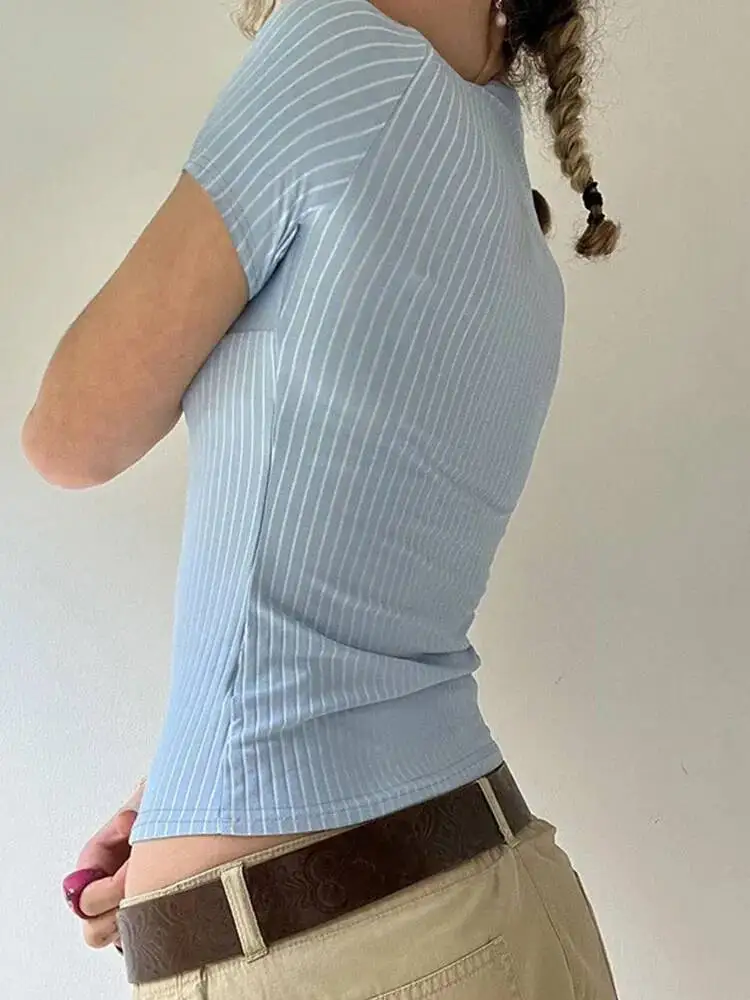 Sweetown blauwe streep shirts met korte mouwen voor dames met knopen omhoog kraag slank eenvoudig casual preppy tops basic zomer tees