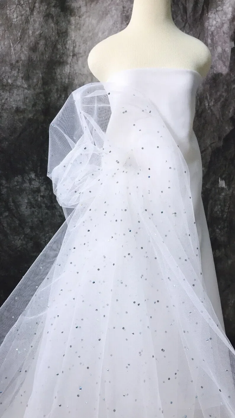 1 Yard Rhinestone Lace Fabric Ivory Black Tulle for Wedding Party Dress Tutu Dress Bridal Veiling Prom Gown