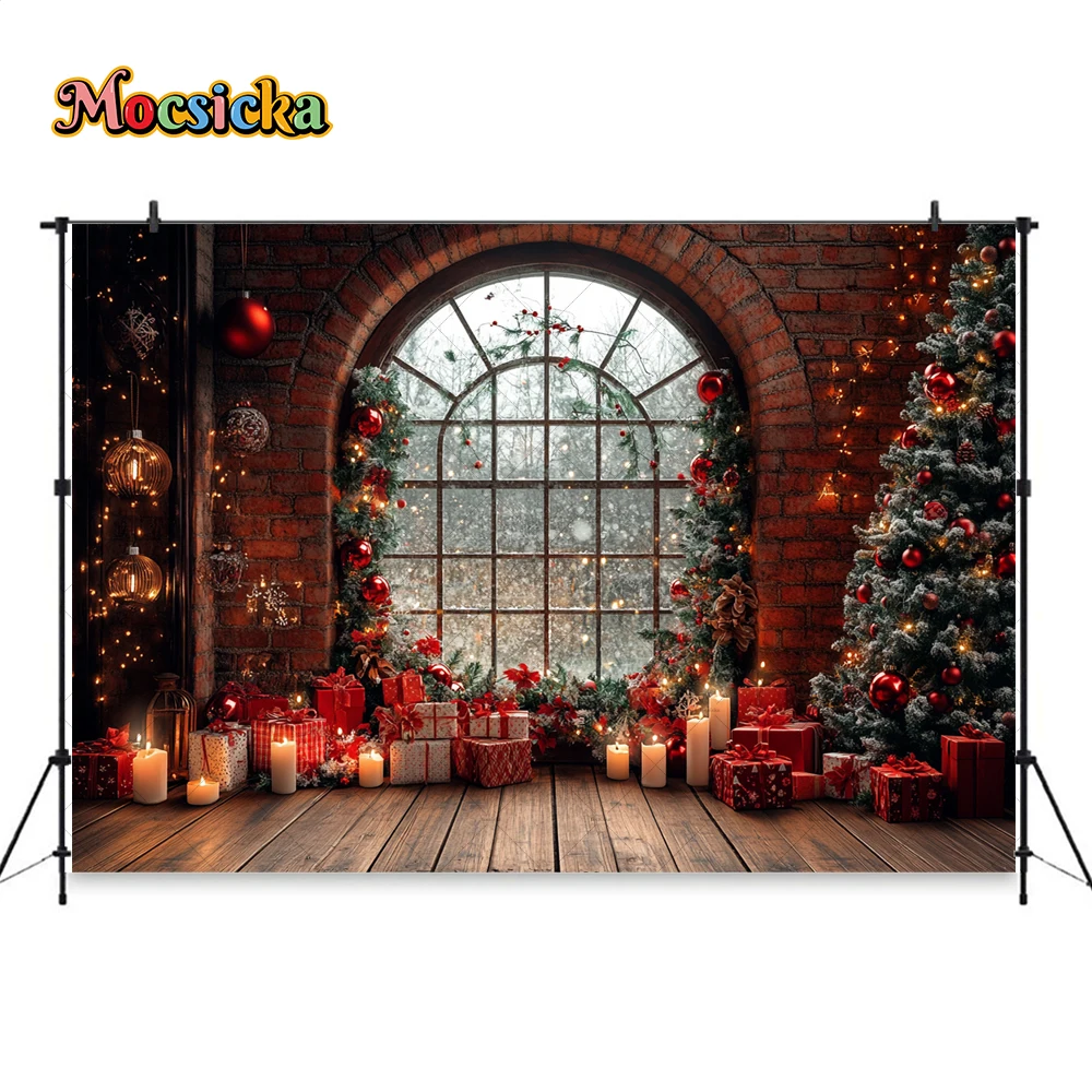 Santa Gift Workshop Background Photography Giant Window Xmas Tree Candle Brick Wall Backdrop Kids Winter Birthday Photo Studio