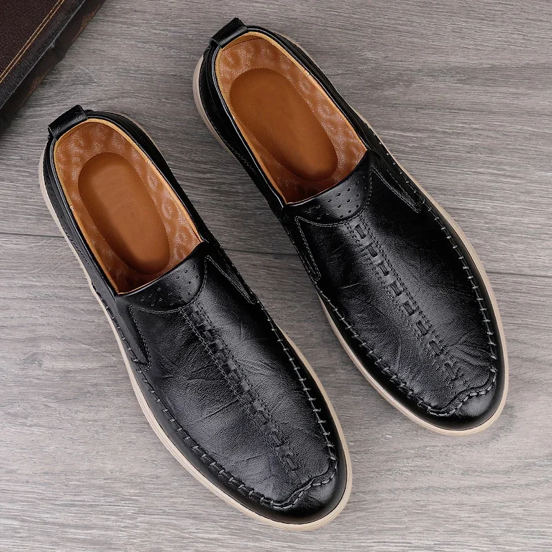 Mocasines clásicos para hombre, zapatos de vestir de cuero genuino, color marrón oscuro, sin cordones, formales, para boda