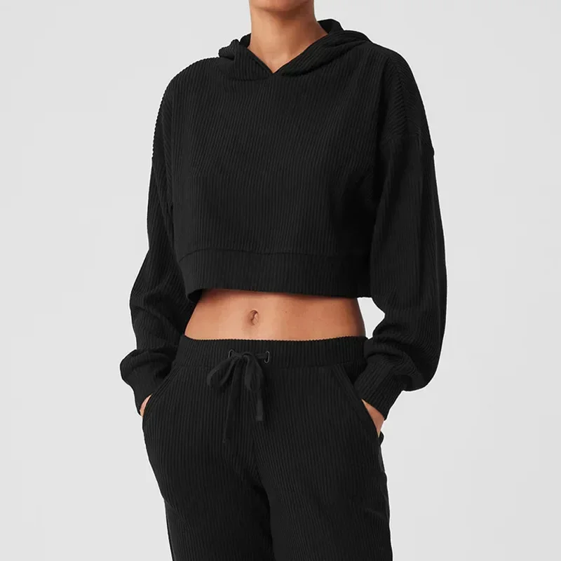 Nuevo conjunto deportivo y de ocio de pana con capucha y sudadera holgada para correr y Fitness, manga larga para mujer