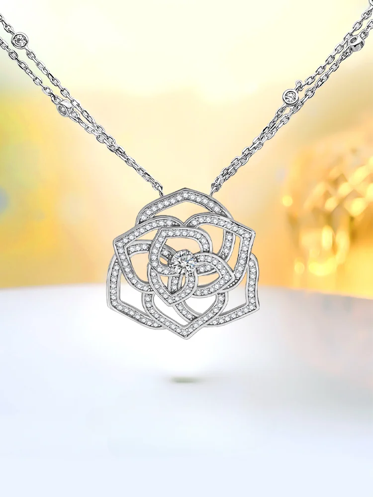 

Light luxury fashion camellia 925 sterling silver necklace inlaid with high carbon diamond, niche retro high-end sweet beauty