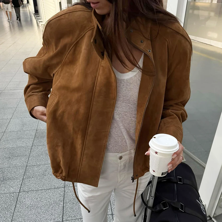 

Linad Street Chic Brown Zipper Coats For Women Autumn Elegant Stand Collar Jacket Female 2025 Casual Solid Long Sleeve Outerwear