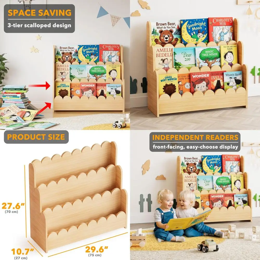 

Трехуровневая деревянная книжная полка Монтессори с фестончатыми краями для детей, игровой комнаты и класса, натуральное покрытие
