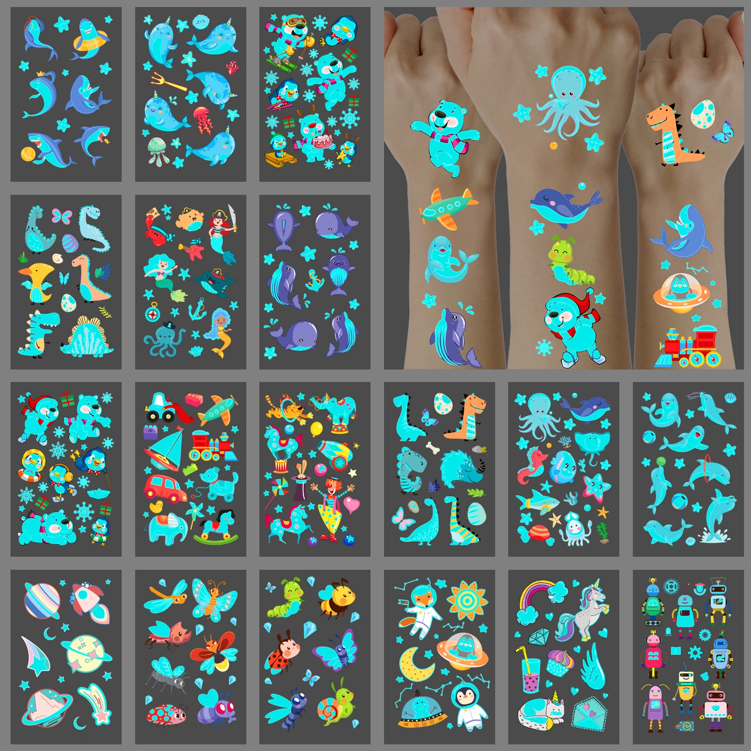 

20sheet Luminous Blue Under Sea Temporary Tattoos for Kids, Glow Ocean Beach Pool Birthday Party Decoration