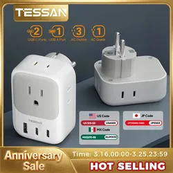 TESSAN US To EU Travel Adapter with 4 AC Outlets 3 USB Ports 7 in 1 Type E/F Plug Adaptor for Spain French Russia Wall Socket