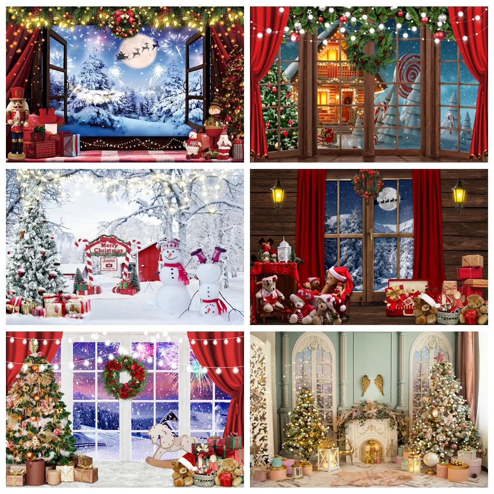 

Christmas Backdrop Xmas Trees Fireplace Santa Window Family Party Baby Portrait Photography Background Decor Photo Studio