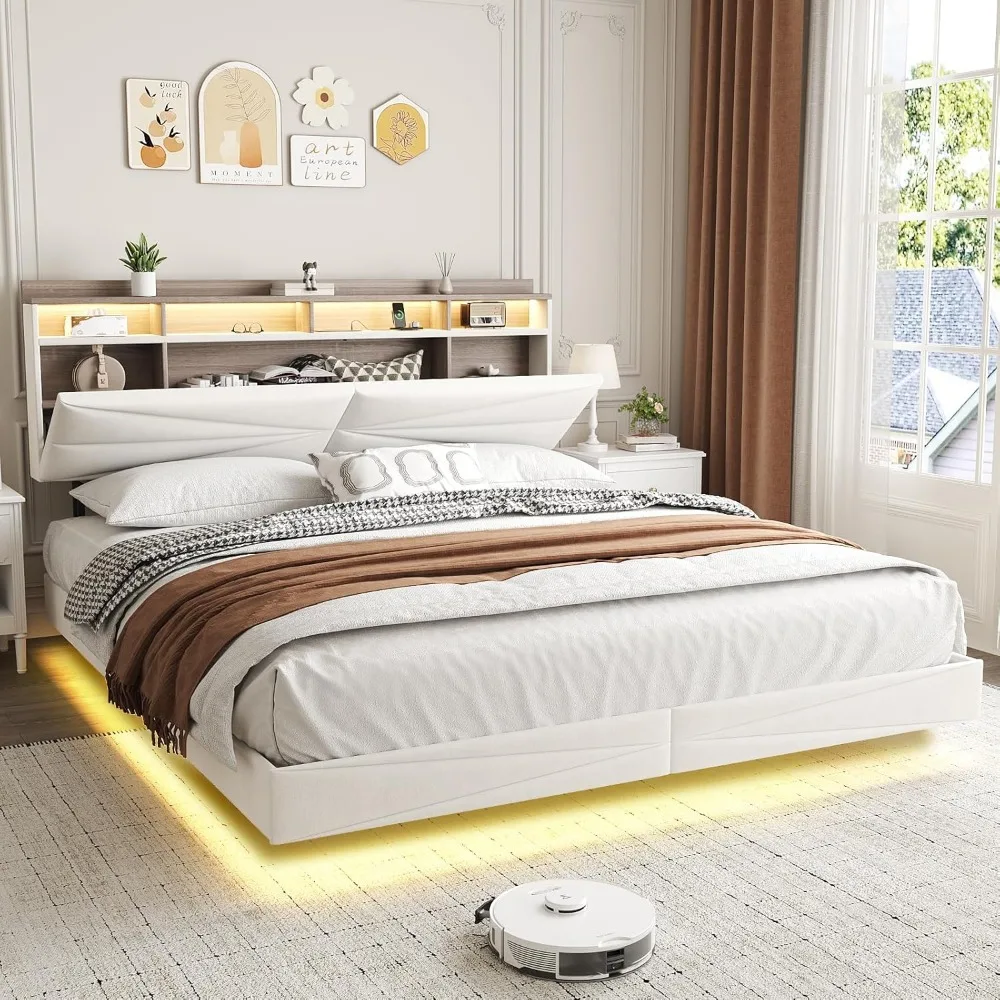 

Queen Size Floating Bed Frame with Hidden Storage Headboard, Modern Metal Queen Bed with Charging Station, Upholstered Platform