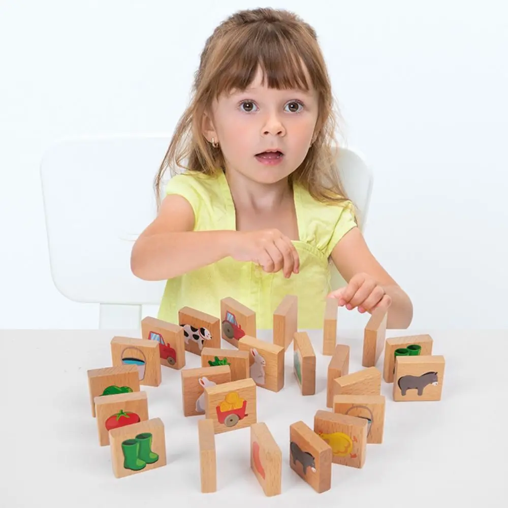 Montessori Wooden Domino Building Blocks Cognitive Early Educational Wood Animal Domino Puzzle Solitaire Animal