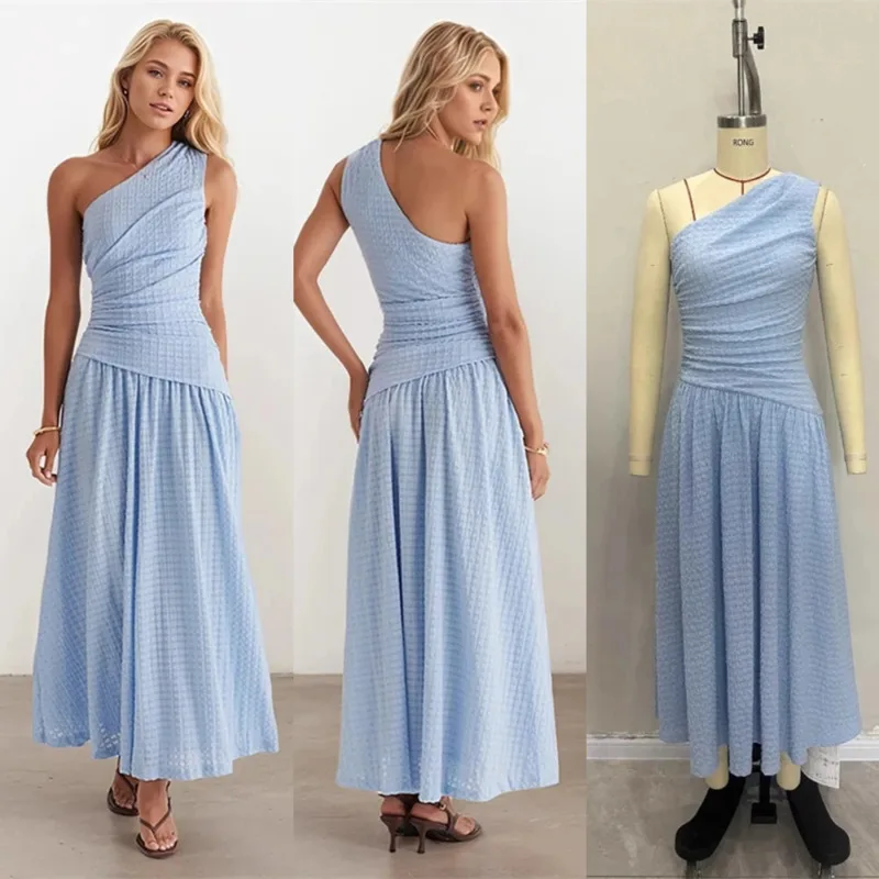 

Summer Solid Color Plaid Long Dress Fashionable Sleeveless Single Shoulder Slim Fit Dress Lady Slanted Shoulder Irregular Dress
