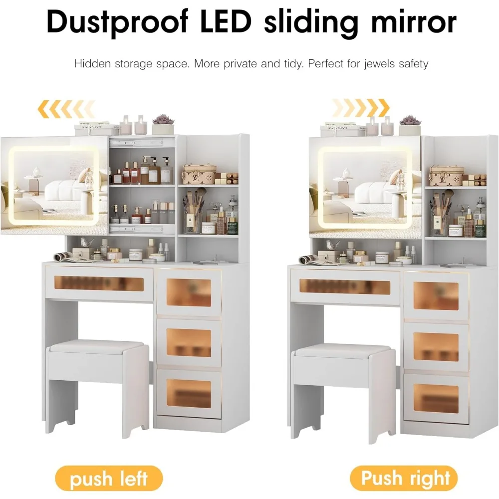 Schminktisch mit Schiebespiegel und Lichtern, 4 Schubladen und Ladestation, LED-Licht