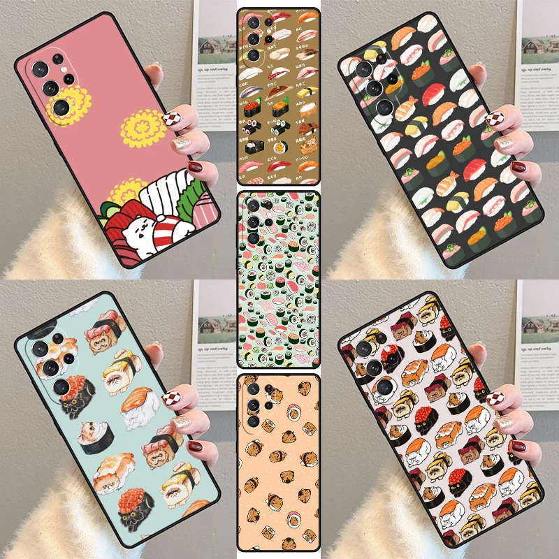 Chinese Dragon Noodle Funny Cat Sushi Phone Case For Samsung Galaxy S23 S21 S20 FE S24 S22 Ultra Note20 S10 S9 S8 Plus Cover