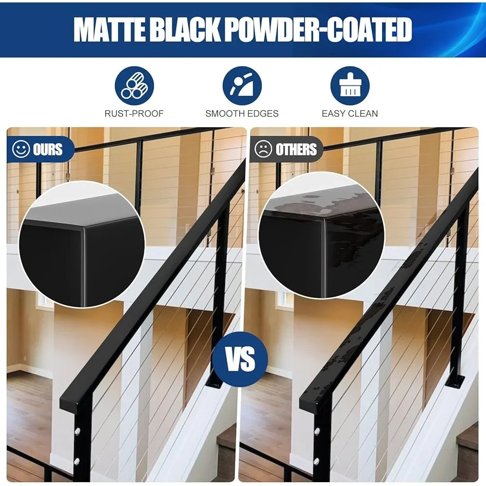 Stainless Steel T304 Cuttable Rectangular Handrail Indoor Outdoor Deck Stair Railing Matte Black Rust Resistant Easy Install