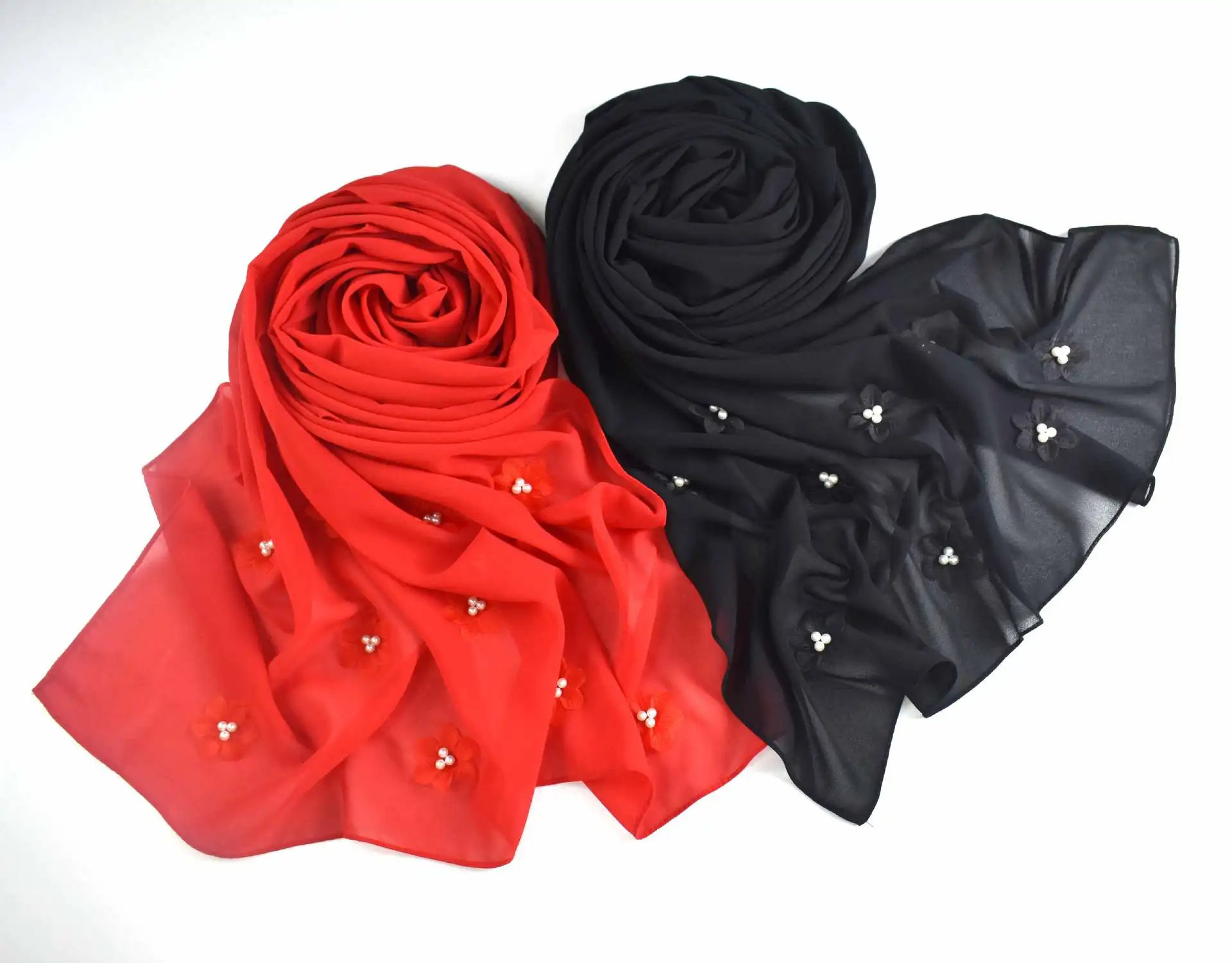 Nieuwe Moslim Bubble Chiffon Hijab Sjaal voor Vrouwen Parel Hijab Sjaal Effen Kleur Hoofd Wraps Vrouwelijke Hijaabs Sjaals Foulard Sluier