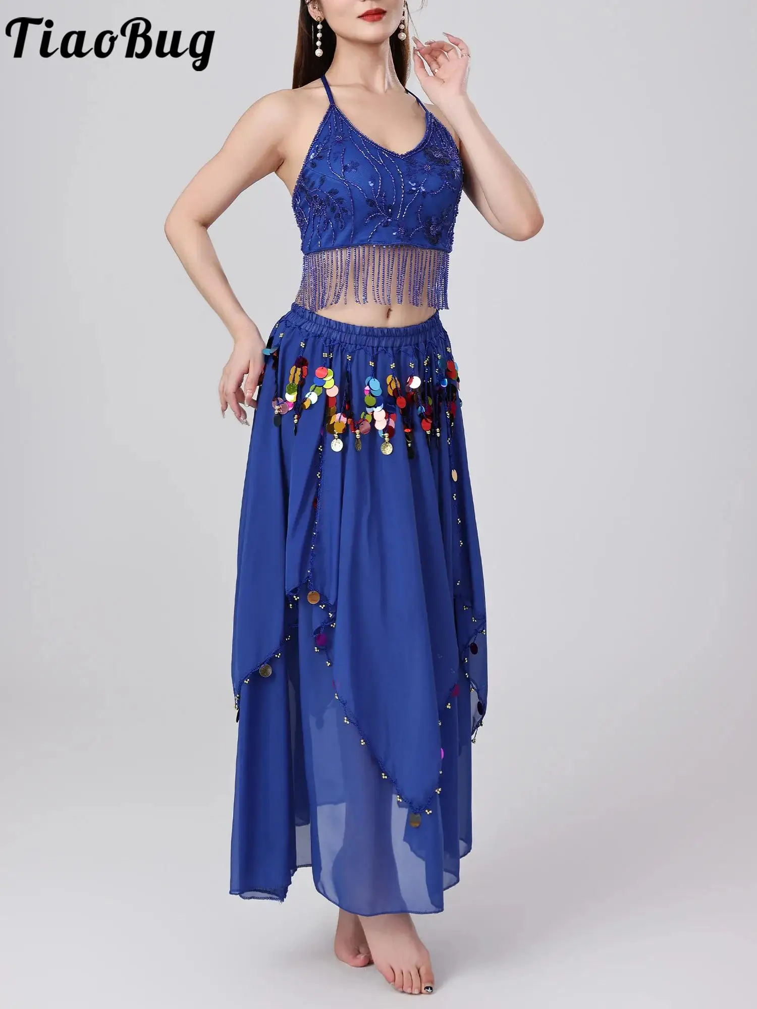 

Women Belly Dance Sequin Tassel Outfit Set Fringe Lace-up Crop Top and Chiffon Skirt Belly Dance Costume for Stage Dancing Class