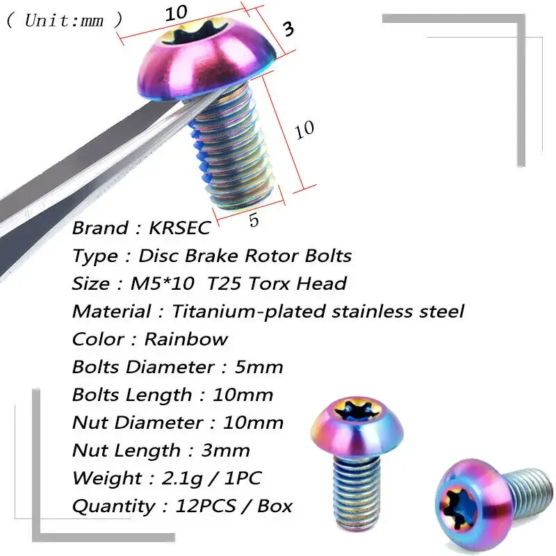 KRSEC 12pc Bicycle Disc Brake Rotor Bolts Titanium-plate Bike Brake Rotor Screws M5*10 T25 Road MTB Brakes Rotors  Bolts