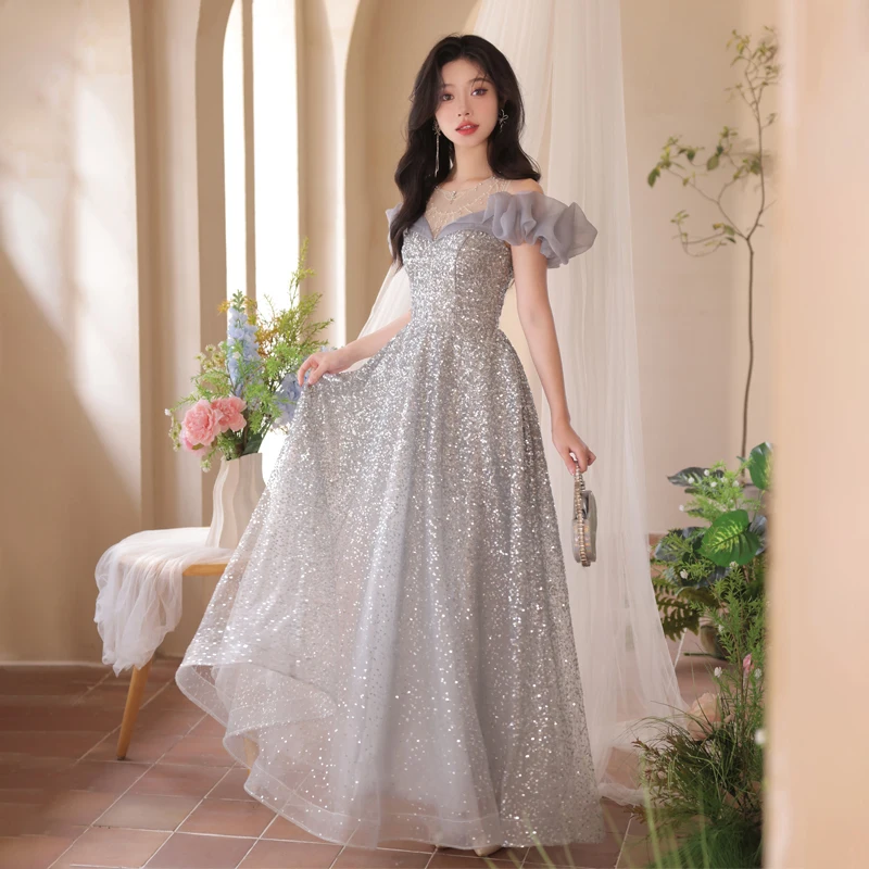 

Shiny Sequin Prom Dresses For Graduation Party Halter Off The Shoulder Floor-Length Women Formal Occasion Gowns Long