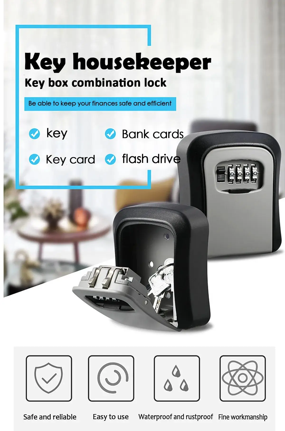 Key Keeper Combination Lock Wall Mounted Waterproof 4 Digits Passwords 5 Keys Storage Box Easy to Fix Home Or Office