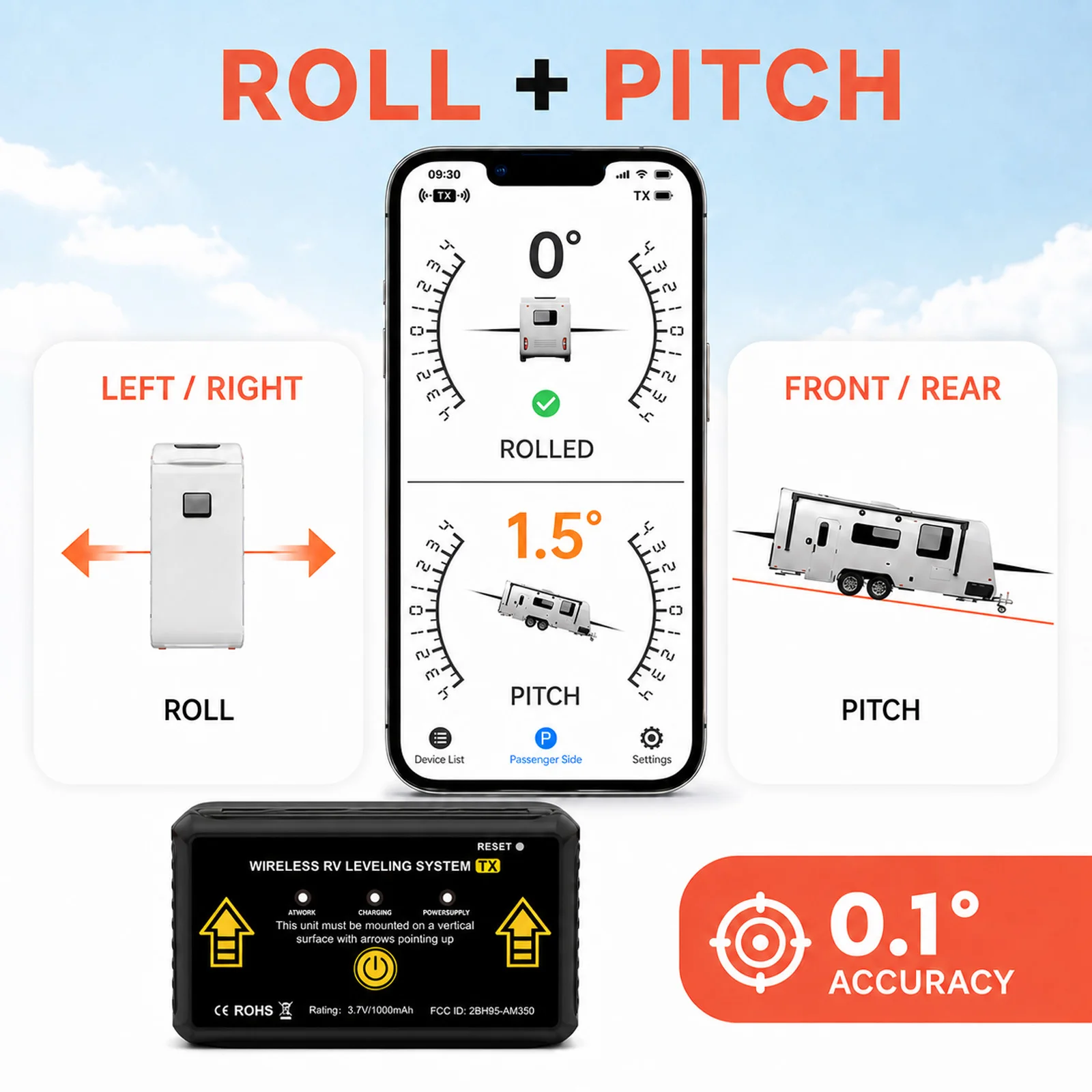 Drahtloses RV-Nivelliersystem AM350-X Bluetooth-Wohnmobil-Nivelliersystem App Echtzeit-Neigungs- und Rollenkontrolle für Wohnmobile und Anhänger – Detail 1