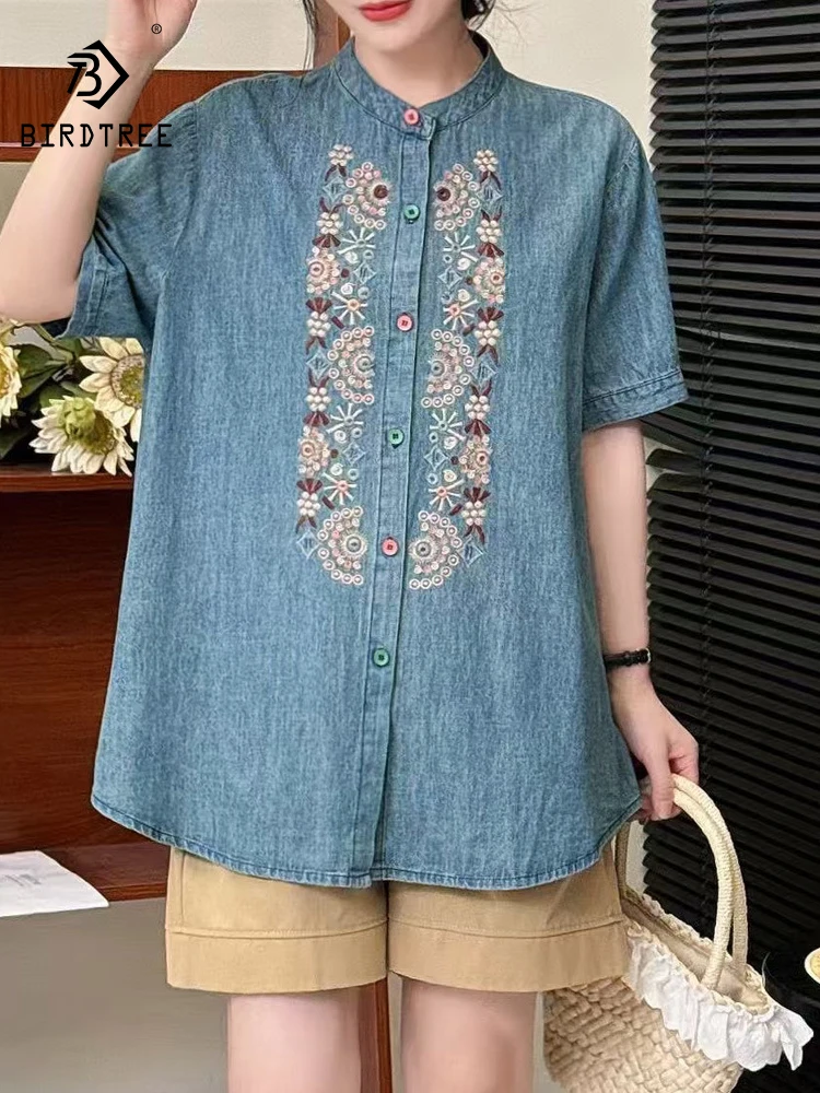 

New 2026 Summer Denim Half Sleeve Shirt, Women Stand Geometry Embroidery, Mori Girl Vintge Preppy Style Loose Blouse T63686CC