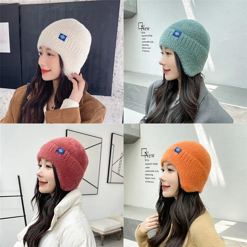 New Women Candy Colors Earflap Winter Hat Fashion Faux Fur Knitted Hat Kpop Style Soft Beanie Hats Female Streetwear Cap