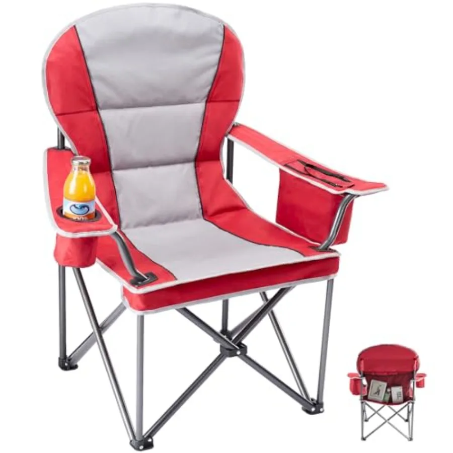

Folding Camping Chair for Hiking Beach Sports, 300D Oxford Fabric, Red Grey, Heavy Duty 500 LBS Capacity with Cup Holder and No