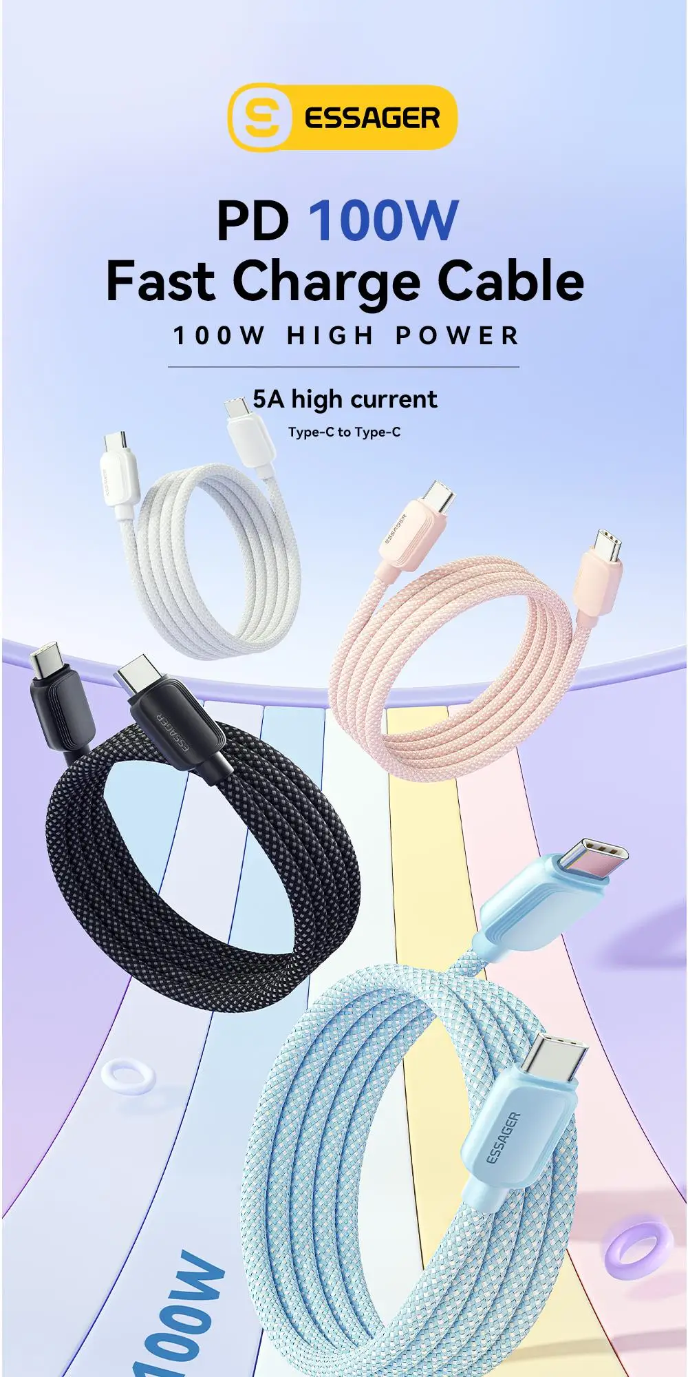 Essager USB C auf Typ C Kabel 5A PD 100W Schnellladegerät Datenkabel für MacBook Pro Samsung Xiaomi Huawei Ladekabel 3M – Detail 1