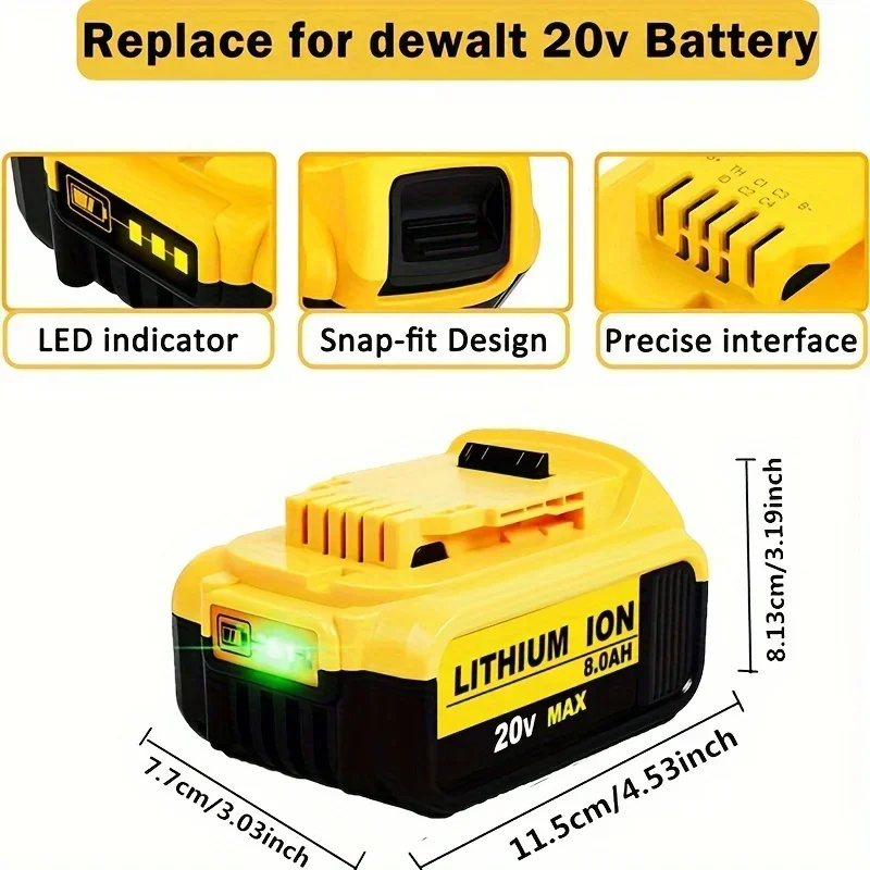 1~2Pack 8.0Ah Replacement Lithium-Ion Batteries for DeWalt 20V Max Cordless Tools (DCB206,DCB205,DCB200,DCB201,DCB204,DCB208)