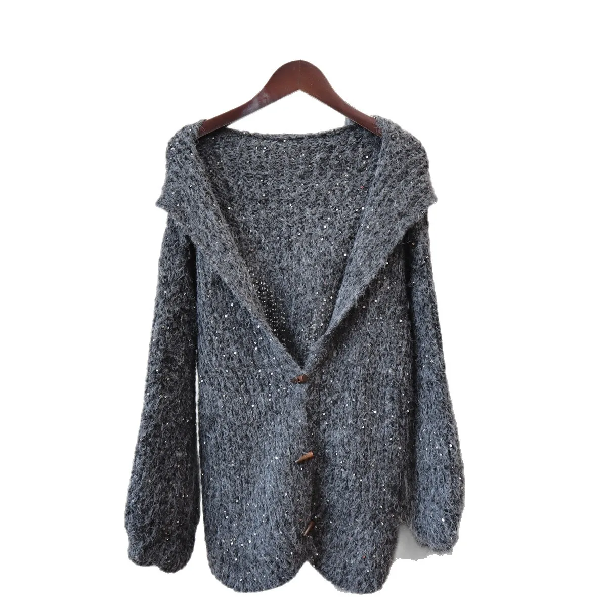 Cardigan lavorato a maglia con cappuccio e paillettes in corno di mucca con fibbia Design Sense Autunno e inverno Nuova giacca maglione allentato per donna