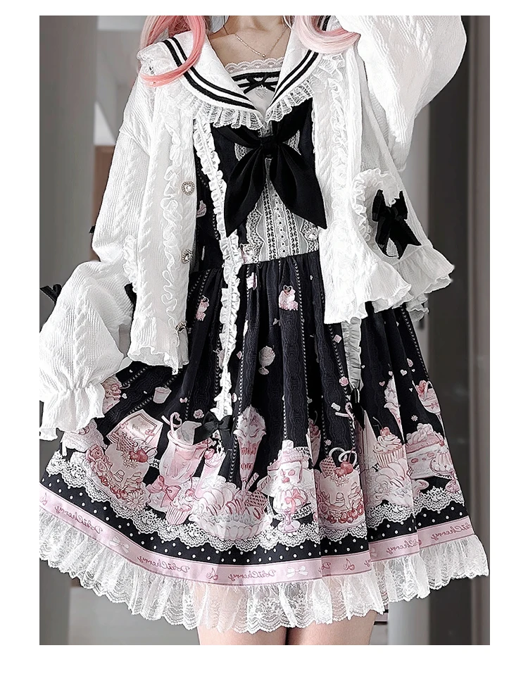 Abito a maniche lunghe OP con stampa dolce dessert Abito in stile giapponese prodotto in serie Donna Primavera Autunno Cardigan rosa 2025 Nuovo