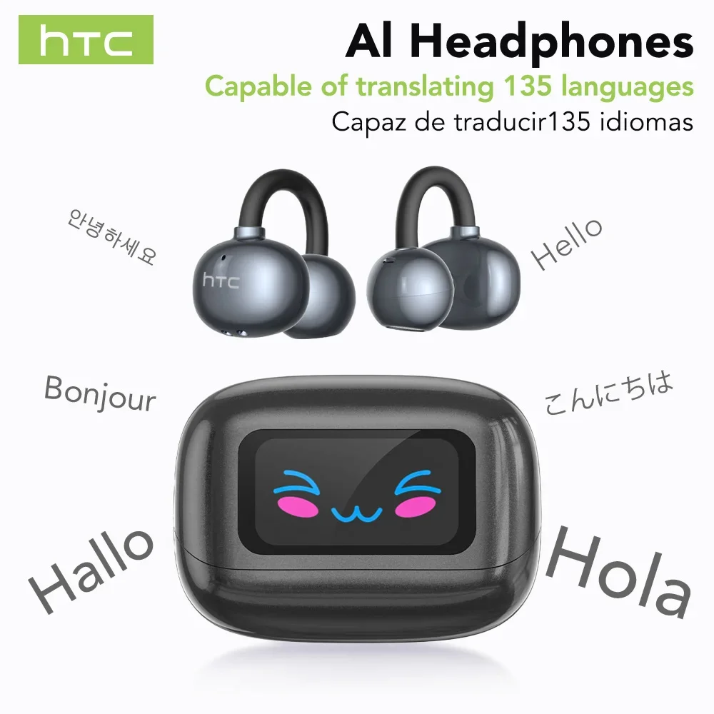 【HTC NE54】 Bluetooth V6.0 Earphones AI Translator LCD Screen Earbuds OWS Ear Clip Headphones Wireless Headphones Noise Reduction