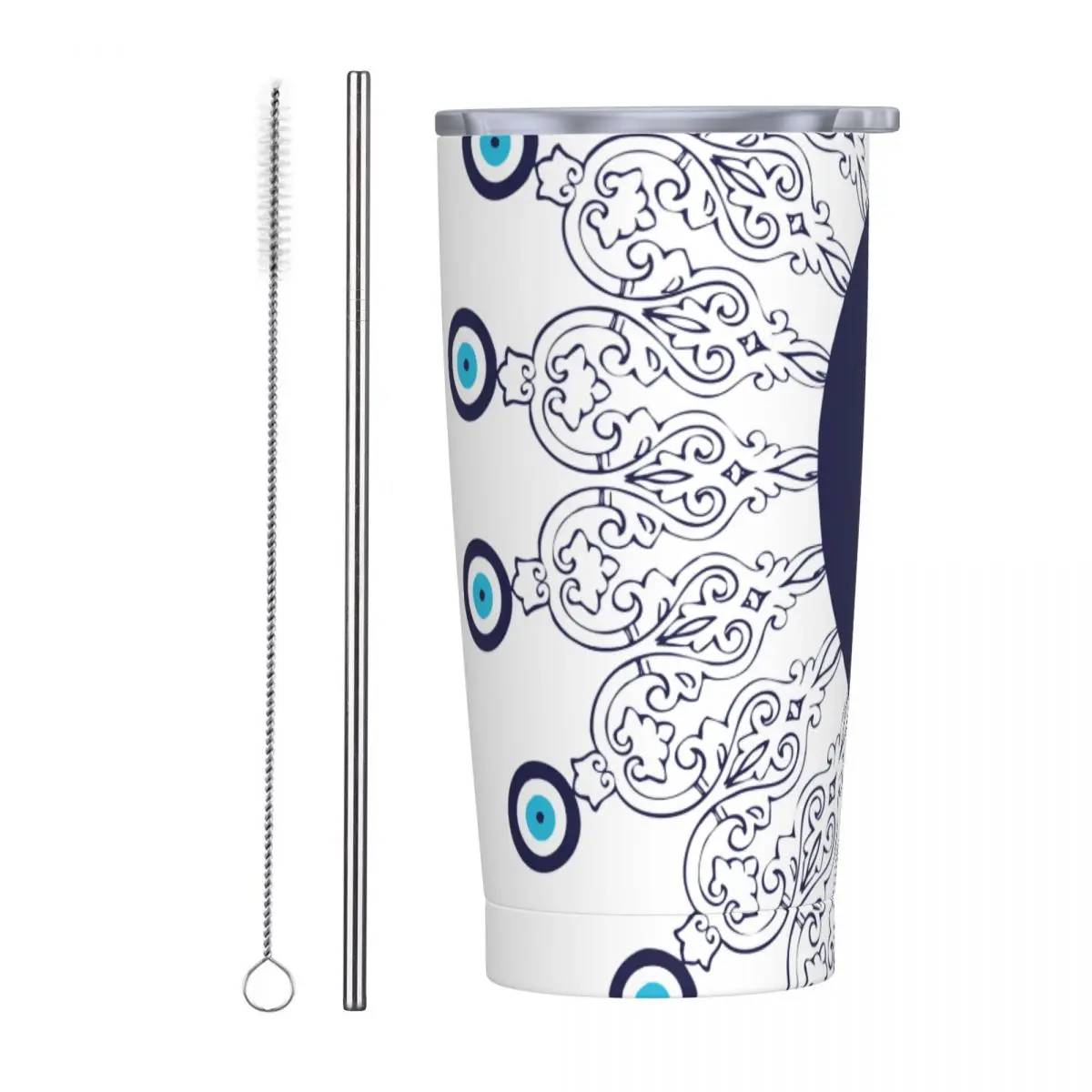 Navy Blue Evil Eye Mandala Tumbler Vacuum Insulated Charms Greek Amulet Thermal Cup with Lid Straw Office Mug Water Bottle, 20oz