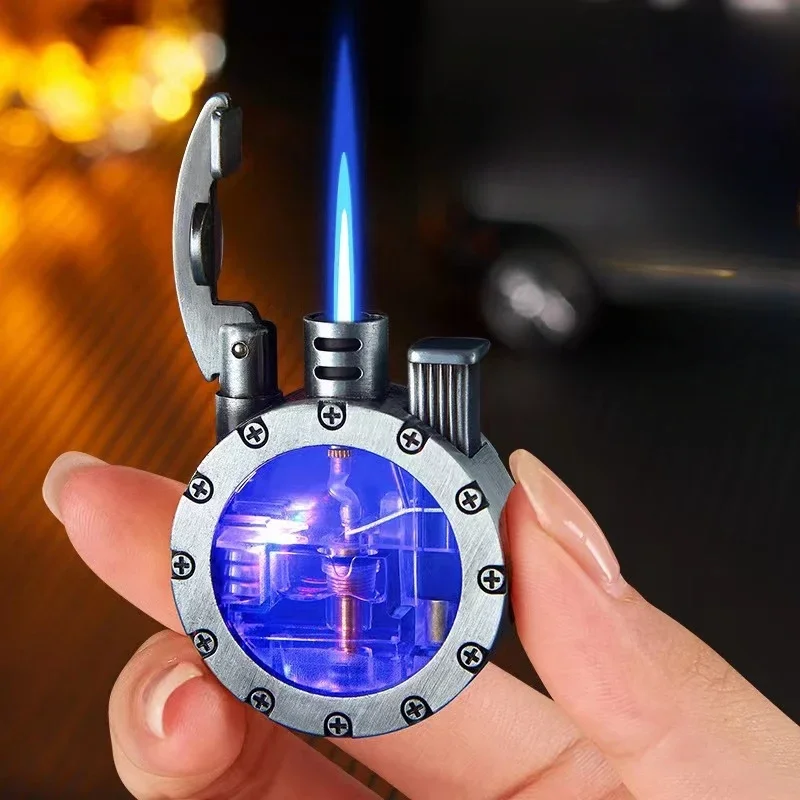 

Metal Vintage Rocker Arm Jet Blue Flame Inflatable Lighter LED Colored Light Transparent Gas Window Windproof Gas Lighter Gadget