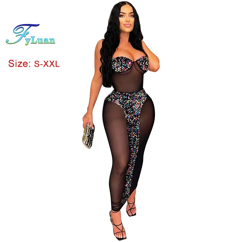 ฤดูร้อน Rhinestone ตกแต่ง SHEER ตาข่ายผู้หญิงแขวนคอกระโปรงเซ็กซี่ Slim ดูผ่านยาว One- Piece Clubwear ชุดชุดวันเกิด