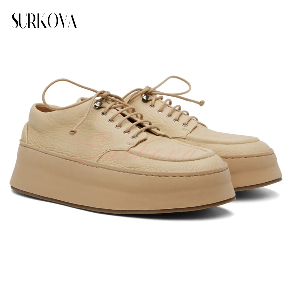 Men's Heightened Platform Lace-Up Casual Shoes Solid Color Round Toe Lychee Genuine Leather Flat Casual Shoes Men's Sneakers New