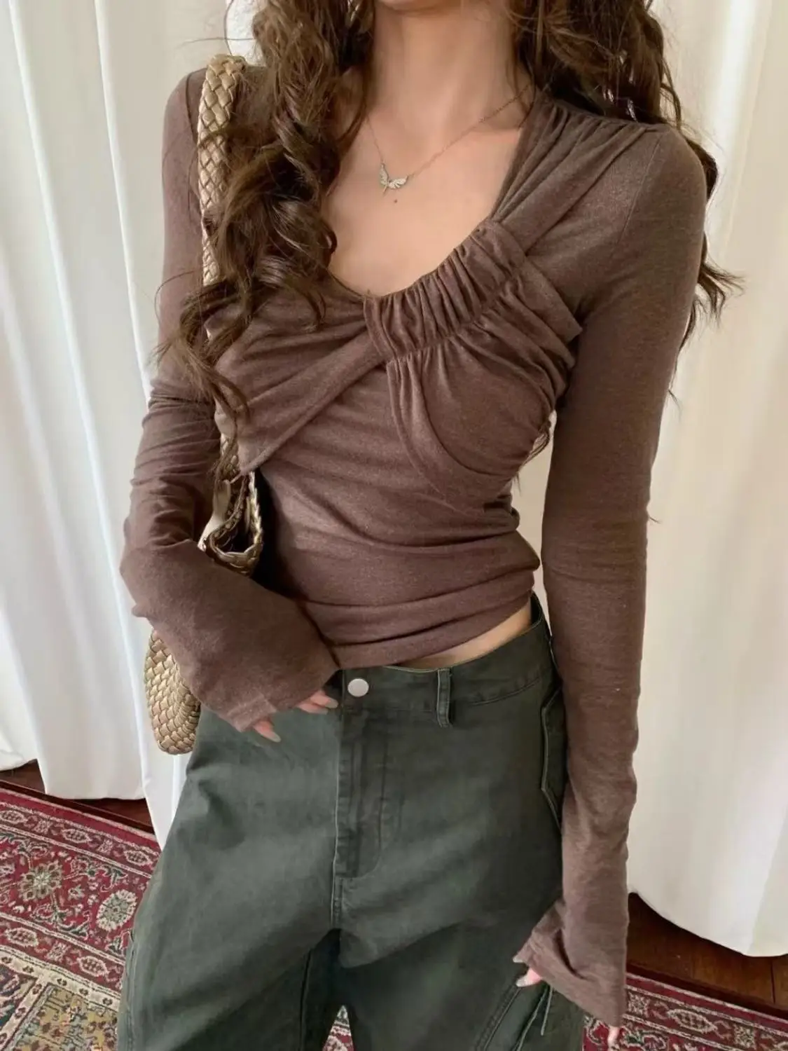 

Pleated Design Top for Women 2025 Autumn New Style Regular Shoulder Slim Fit Versatile Long Sleeve Base Layer