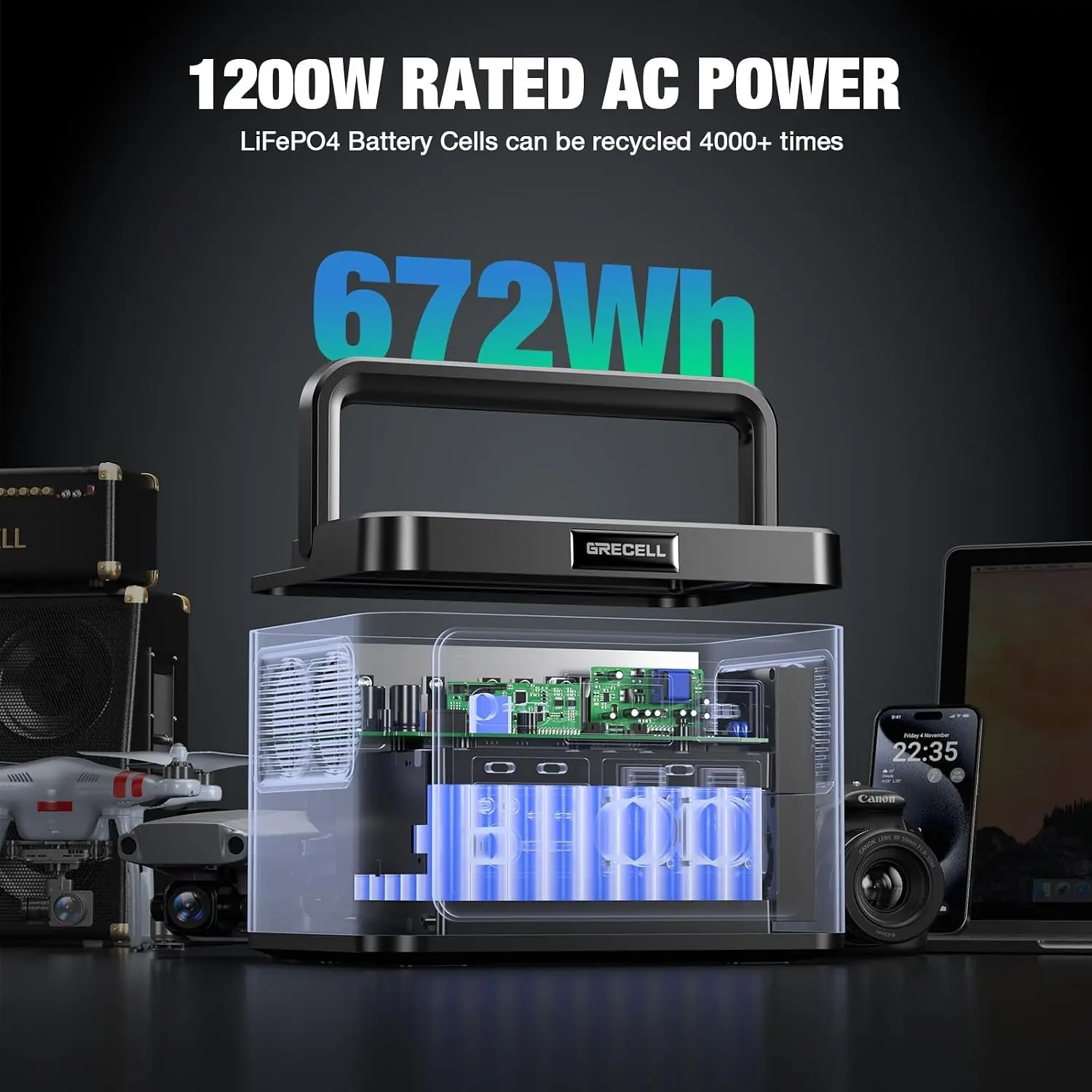 Portable Power Station 1200W 672Wh H1200 LiFePO4 Battery Solar Generator with 10ms UPS, 1200W Solar Power Station, 9 Output