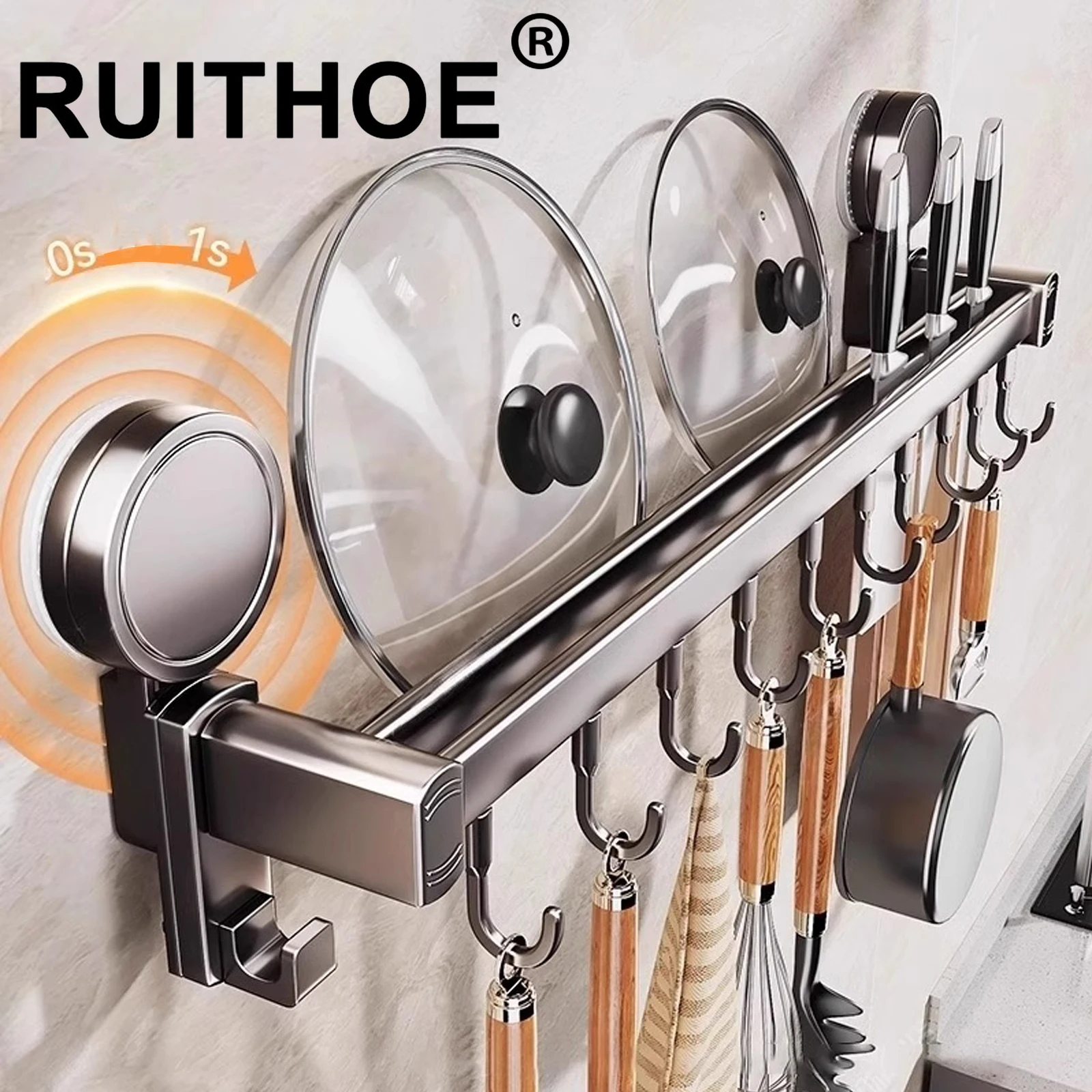 Grey Wall Mounted No-Punch Large Capacity Storage Utensils Metal Kitchen Shelf Skeletonized Drainage Design Easy To Clean