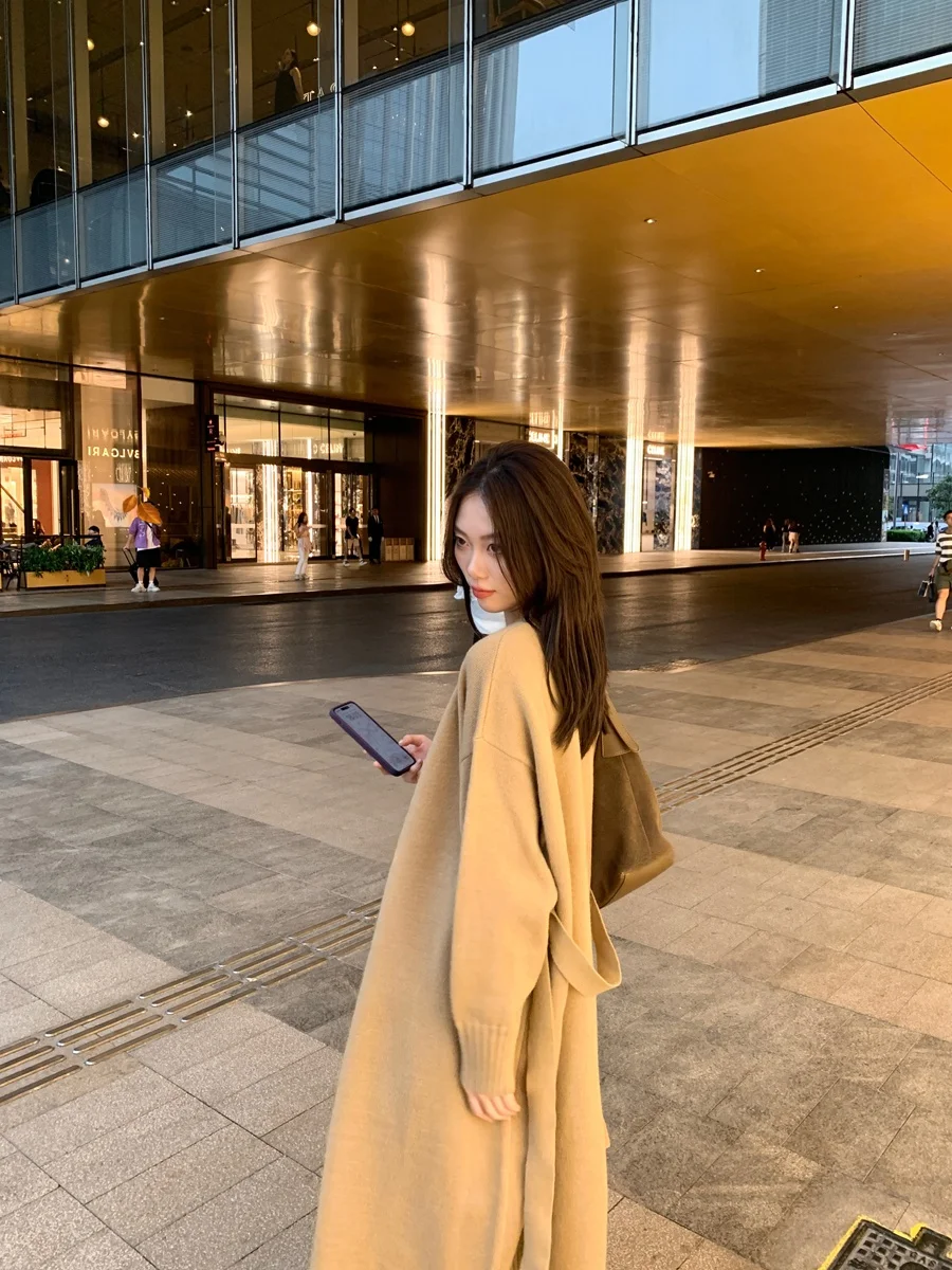 

Вязаный кардиган Laid-ba из длинной шерсти для женщин, весна-осень, универсальный, с V-образным вырезом, повседневный, свободный свитер-жакет