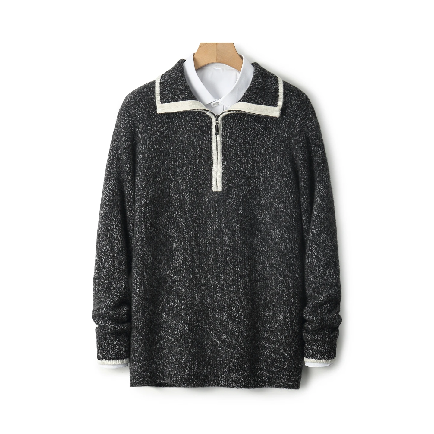 Men's Shirt Collar Thickened Zip Pullover Autumn Winter 100% Merino Wool Color Contrast Classic Business Cashmere Warm Sweater