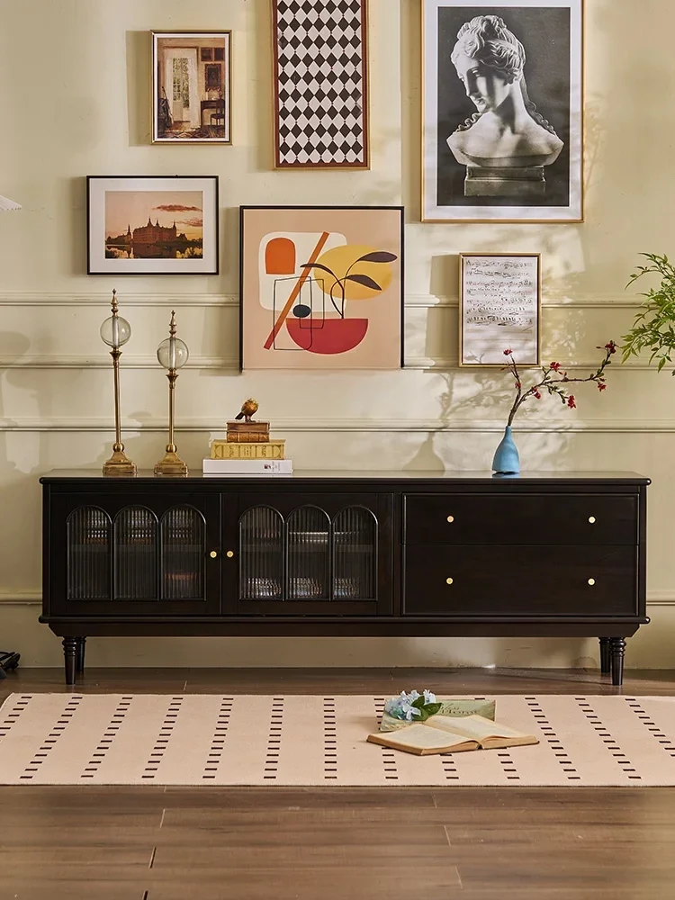 

45 American Style French Style Retro Solid Wood TV Cabinet Living Room Small Apartment Modern Minimalist Glass Locker Furniture