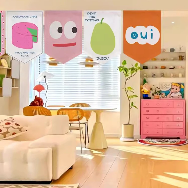 Macaron Soft Wind Cartoon Fruit Triangle Flag Door Curtain Kitchen Bedroom Cafe Partition Curtain Home Decoration