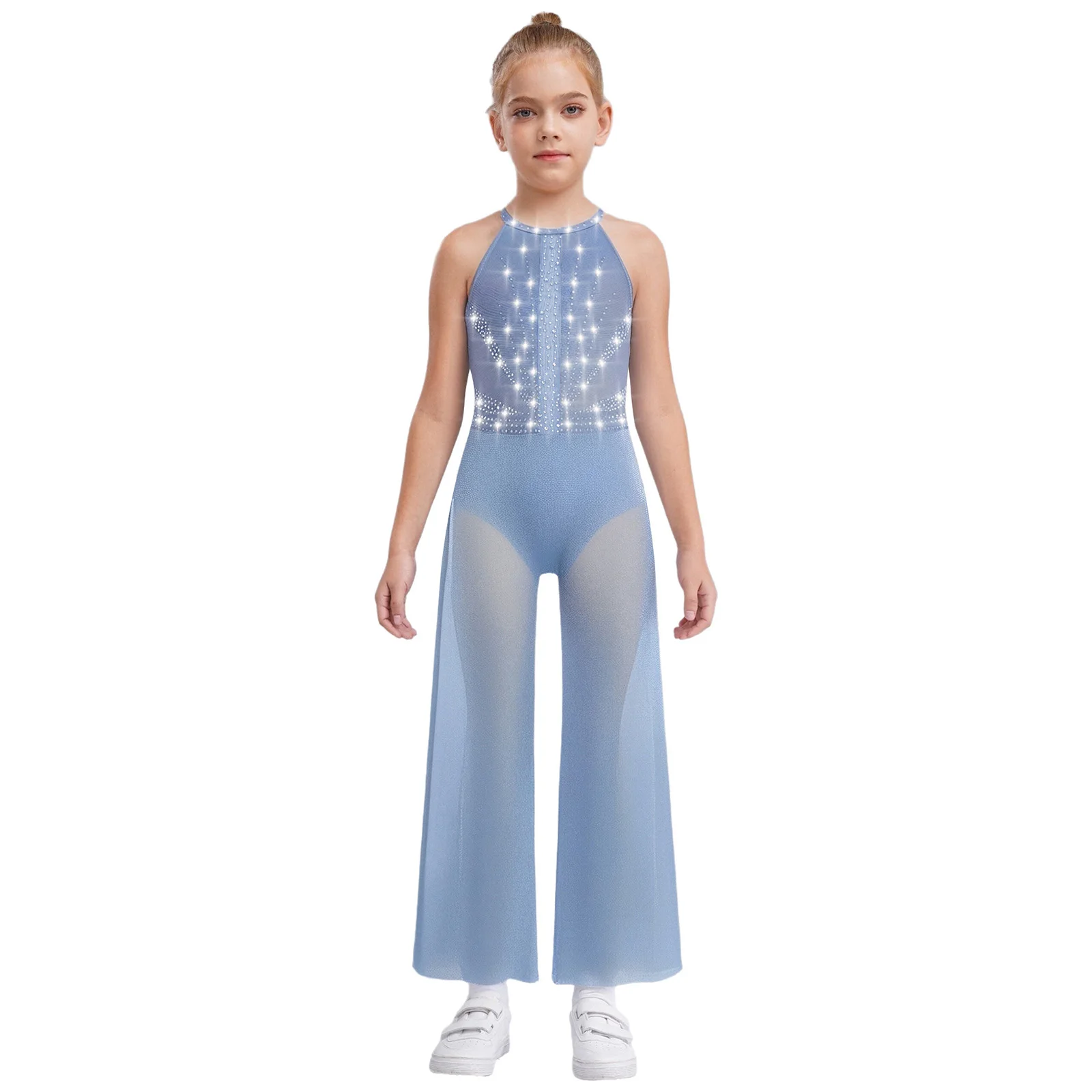 

Girls Lyrical Ballet Jazz Dance Bodysuit Costume Shiny Rhinestones Sleeveless Keyhole Back Wide-Leg Sheer Mesh Dance Jumpsuit