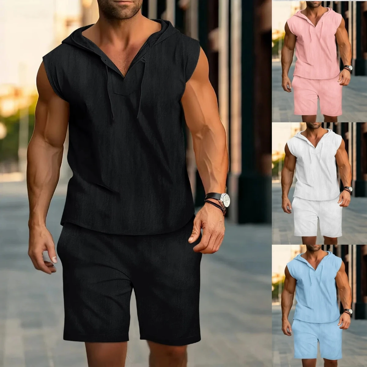 

Summer new style plain-colored cotton and linen, breathable, comfortable, loose-fitting, casual beachwear, shorts, tank top sets