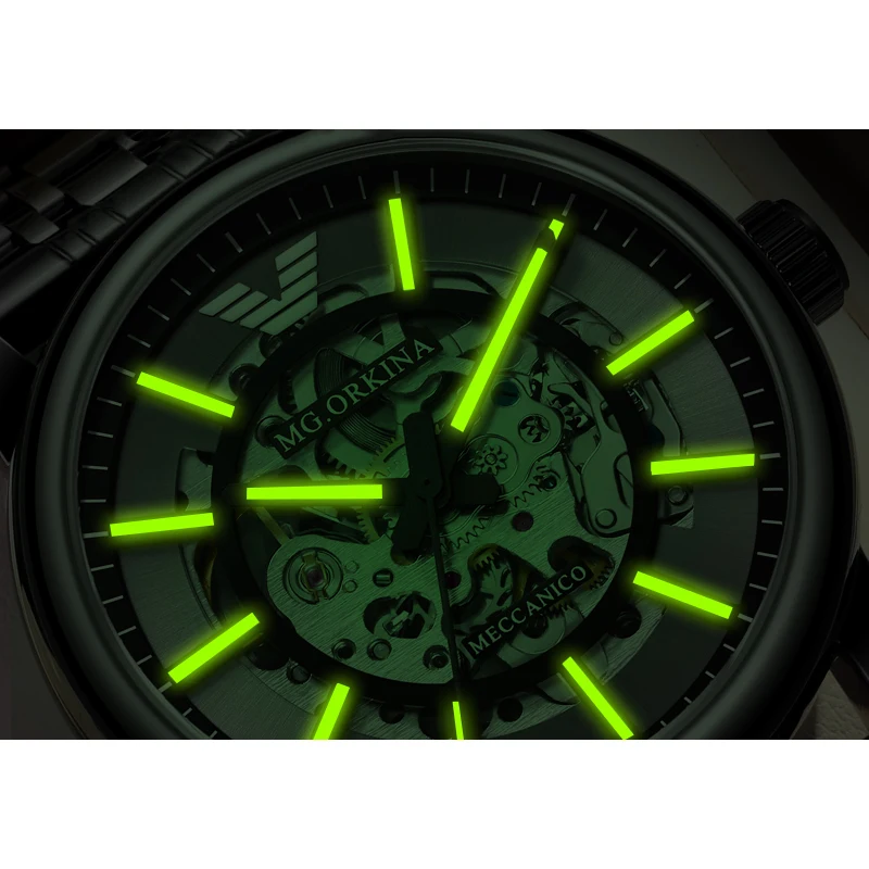 MG.ORKINA Mens Watches Top Brand Luxury Mechanical Skeleton Automatic Stainless Steel Bracelet Business Wristwatches Male Clock