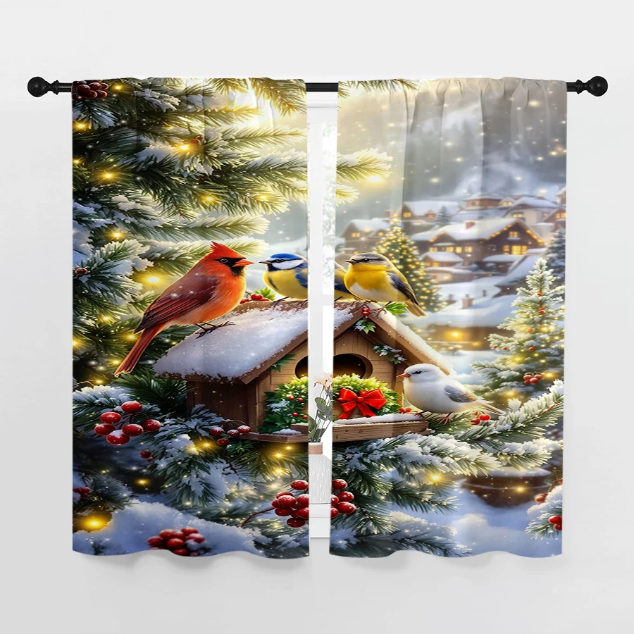 2PCS Christmas Winter Curtains, Robin Blue Tit Bird Snow House, Digital Print, Bedroom Living Room, Home Decor Window Drapes